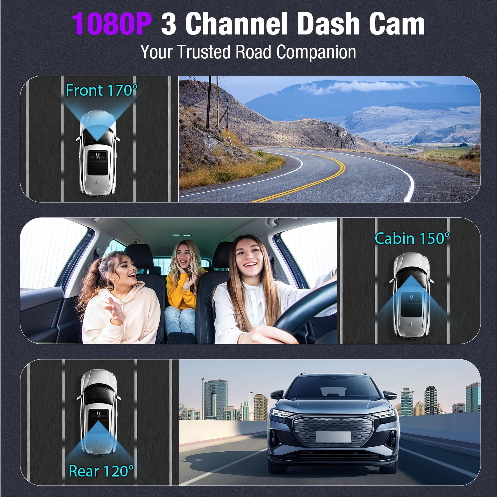 3 Channel 4K Dash Cam With 5Ghz Wifi & App Control, 4K/2.5K+1080P+1080P Front Inside And Rear, Triple Dash Camera With 64Gb Card